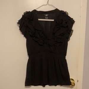 Black ruffled V neck blouse